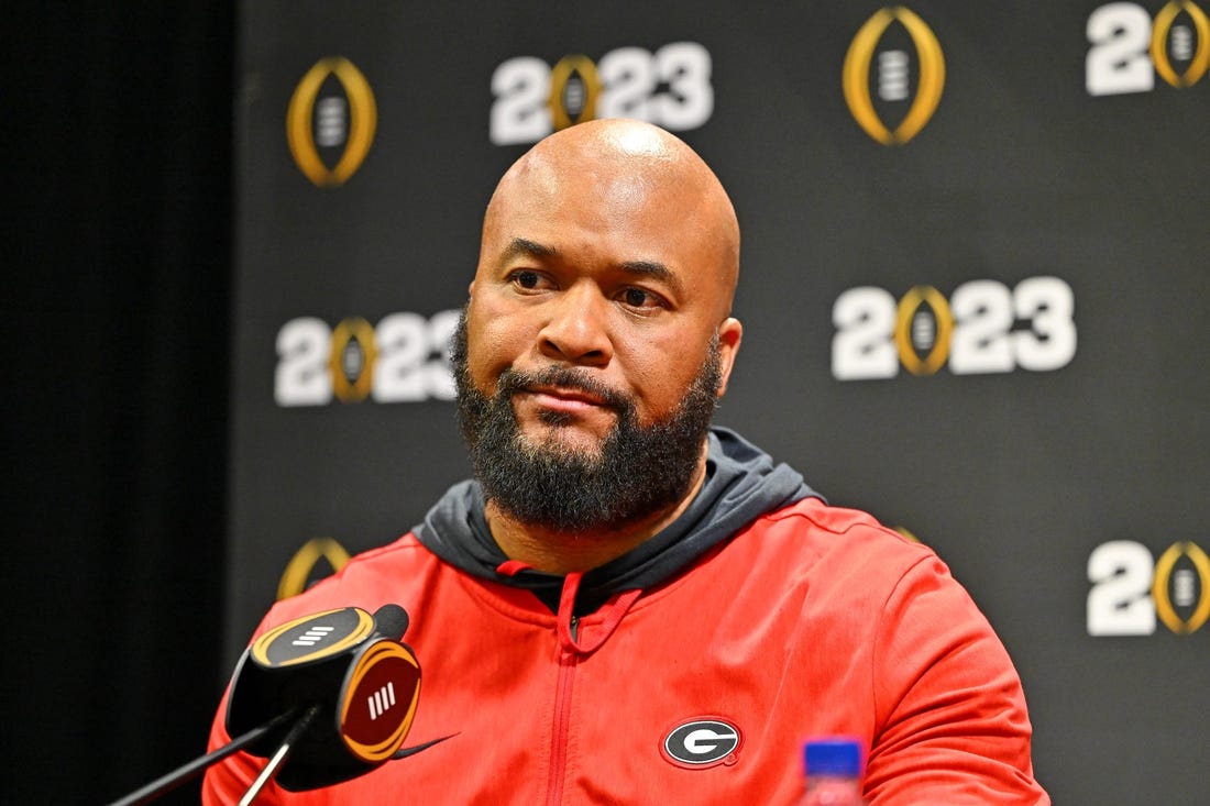 Jan 7, 2023; Los Angeles, California, USA; Georgia Bulldogs run game coordinator and running back coach Dell McGee talks to media on media day before the 2023 CFP National Championship game at Los Angeles Convention Center. Mandatory Credit: Jayne Kamin-Oncea-USA TODAY Sports