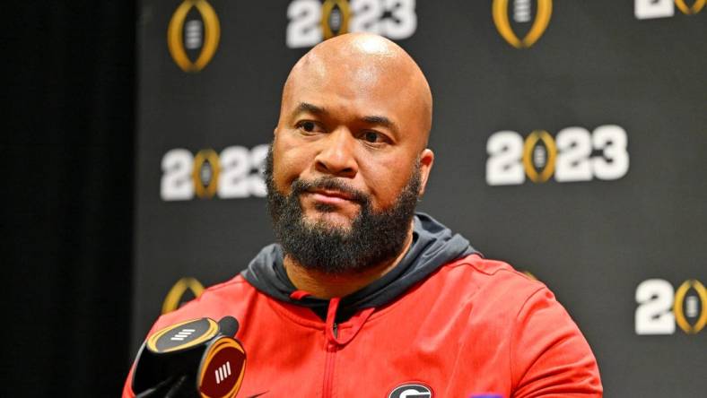 Jan 7, 2023; Los Angeles, California, USA; Georgia Bulldogs run game coordinator and running back coach Dell McGee talks to media on media day before the 2023 CFP National Championship game at Los Angeles Convention Center. Mandatory Credit: Jayne Kamin-Oncea-USA TODAY Sports