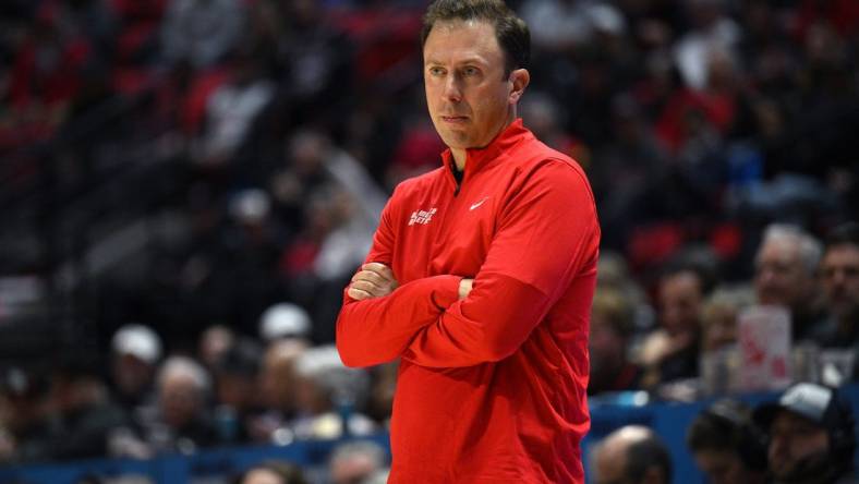 Jan 14, 2023; San Diego, California, USA; New Mexico Lobos head coach Richard Pitino looks on during the first half against the San Diego State Aztecs at Viejas Arena. Mandatory Credit: Orlando Ramirez-USA TODAY Sports