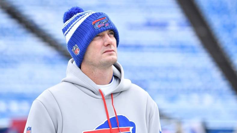 Jan 15, 2023; Orchard Park, NY, USA; Buffalo Bills offensive coordinator Ken Dorsey looks on before playing against the Miami Dolphins in a NFL wild card game at Highmark Stadium. Mandatory Credit: Mark Konezny-USA TODAY Sports