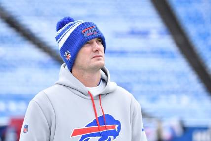 Jan 15, 2023; Orchard Park, NY, USA; Buffalo Bills offensive coordinator Ken Dorsey looks on before playing against the Miami Dolphins in a NFL wild card game at Highmark Stadium. Mandatory Credit: Mark Konezny-USA TODAY Sports