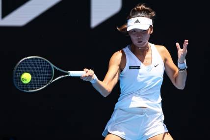 Jan 16, 2023; Melbourne, VICTORIA, Australia; Yue Yuan (China) returns the ball against Maria Sakkari (Greece) (not pictured) at Melbourne Park. Mandatory Credit: Mike Frey-USA TODAY Sports