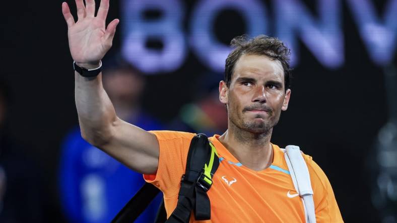 Jan 18, 2023; Melbourne, VICTORIA, Australia; Rafael Nadal after his second round match against Mackenzie Mcdonald on day three of the 2023 Australian Open tennis tournament at Melbourne Park. Mandatory Credit: Mike Frey-USA TODAY Sports