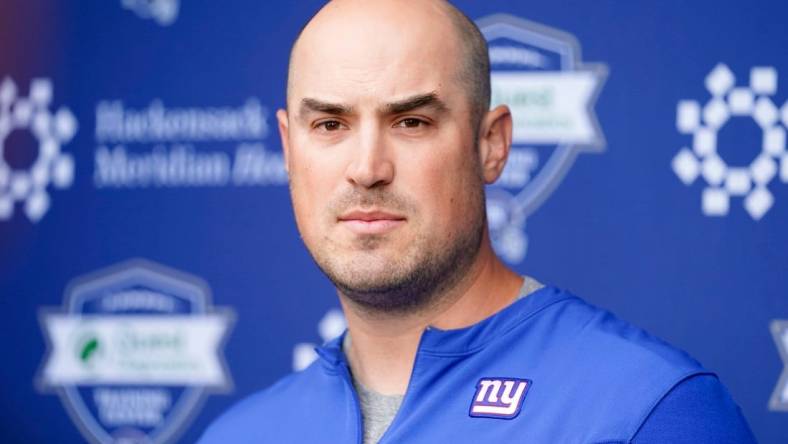 New York Giants offensive coordinator Mike Kafka talks to reporters before organized team activities (OTAs) at the training center in East Rutherford on Thursday, May 19, 2022.

Nfl Ny Giants Practice

Syndication The Record