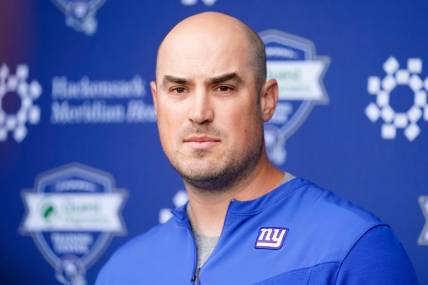 New York Giants offensive coordinator Mike Kafka talks to reporters before organized team activities (OTAs) at the training center in East Rutherford on Thursday, May 19, 2022.

Nfl Ny Giants Practice

Syndication The Record