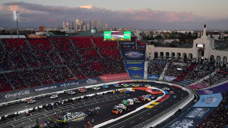 Feb 5, 2023; Los Angeles, California, USA; General view of coliseum track for the start of the Busch Light Clash at the Los Angeles Memorial Coliseum. Mandatory Credit: Gary A. Vasquez-USA TODAY Sports