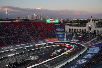 Feb 5, 2023; Los Angeles, California, USA; General view of coliseum track for the start of the Busch Light Clash at the Los Angeles Memorial Coliseum. Mandatory Credit: Gary A. Vasquez-USA TODAY Sports