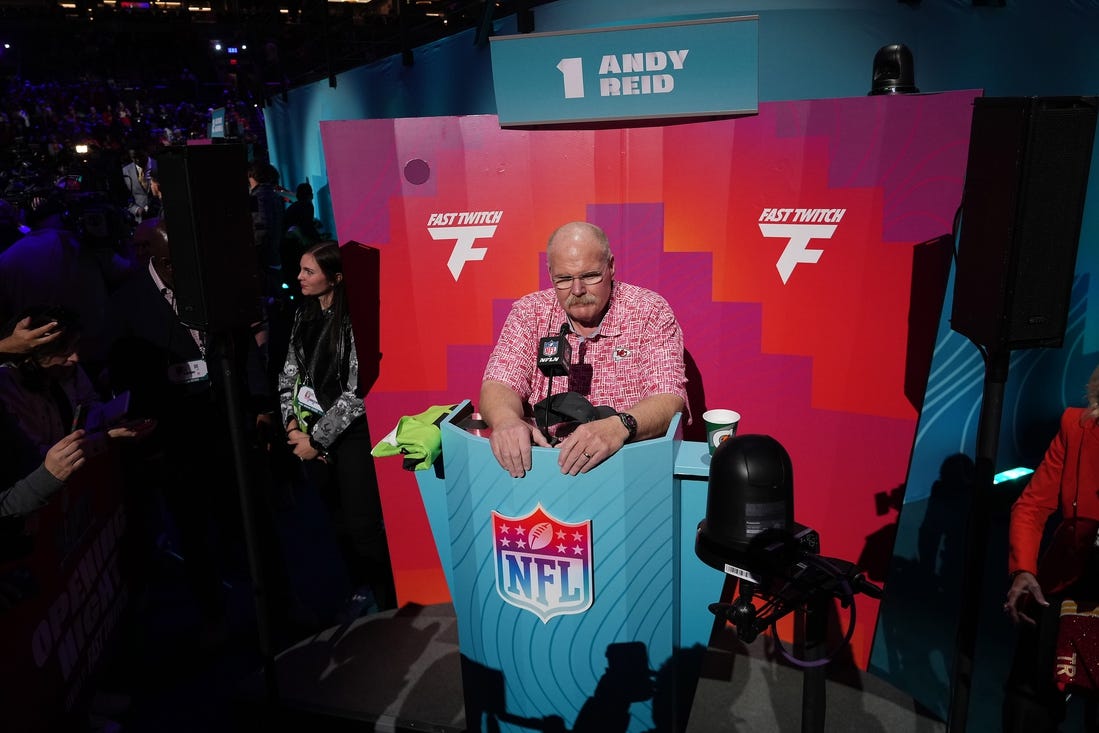 Feb 6, 2023; Phoenix, AZ, USA; Kansas City Chiefs head coach Andy Reid speaks with media during Super Bowl Opening Night at Footprint Center. Mandatory Credit: Joe Camporeale-USA TODAY Sports