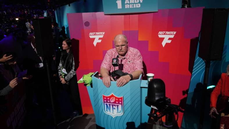 Feb 6, 2023; Phoenix, AZ, USA; Kansas City Chiefs head coach Andy Reid speaks with media during Super Bowl Opening Night at Footprint Center. Mandatory Credit: Joe Camporeale-USA TODAY Sports