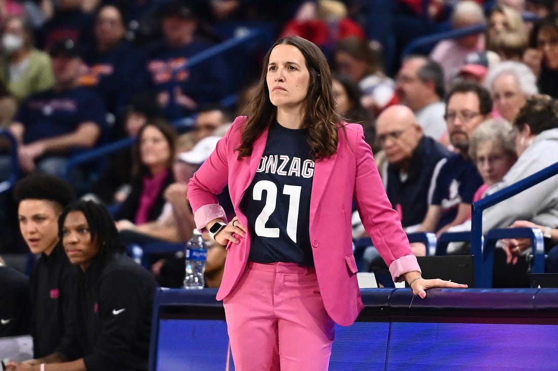 Feb 11, 2023; Spokane, Washington, USA; Gonzaga Bulldogs head coach Lisa Fortier looks on against the Portland Pilots in the first half at McCarthey Athletic Center. Mandatory Credit: James Snook-USA TODAY Sports