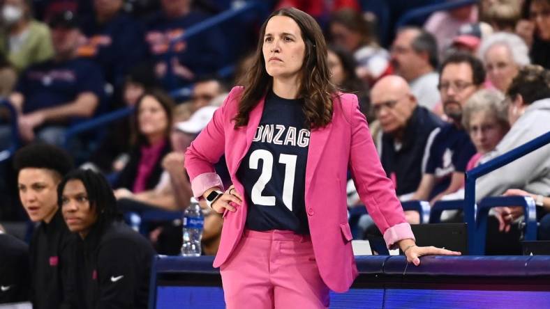 Feb 11, 2023; Spokane, Washington, USA; Gonzaga Bulldogs head coach Lisa Fortier looks on against the Portland Pilots in the first half at McCarthey Athletic Center. Mandatory Credit: James Snook-USA TODAY Sports