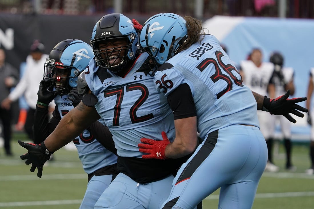 Feb 18, 2023; Arlington, TX, USA; Arlington Renegades defensive lineman T.J. Barnes (72) celebrates a sack on a game tying two-point conversation attempt by the Vegas Vipers during the second half at Choctaw Stadium. Mandatory Credit: Raymond Carlin III-USA TODAY Sports