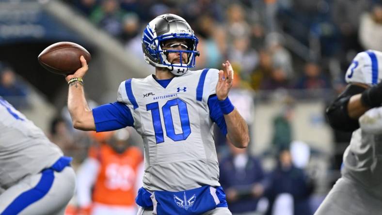 Feb 23, 2023; Seattle, WA, USA; St. Louis Battlehawks quarterback AJ McCarron (10) passes the ball against the Seattle Sea Dragons during the first half at Lumen Field. St Louis defeated Seattle 20-18. Mandatory Credit: Steven Bisig-USA TODAY Sports