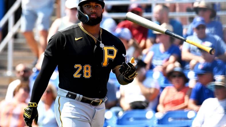 Mar 2, 2023; Dunedin, Florida, USA; Pittsburgh Pirates left fielder Canaan Smith-Njigba (28) reacts after striking out  in the first inning of a spring training game against the Toronto Blue Jays at TD Ballpark. Mandatory Credit: Jonathan Dyer-USA TODAY Sports