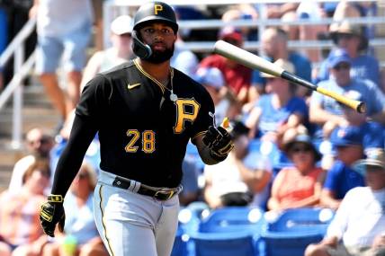 Mar 2, 2023; Dunedin, Florida, USA; Pittsburgh Pirates left fielder Canaan Smith-Njigba (28) reacts after striking out  in the first inning of a spring training game against the Toronto Blue Jays at TD Ballpark. Mandatory Credit: Jonathan Dyer-USA TODAY Sports