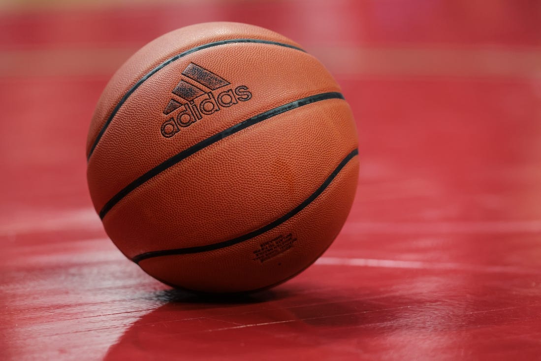 Mar 5, 2023; Piscataway, New Jersey, USA; A view of an adidas game ball on the floor during the second half between the Rutgers Scarlet Knights and the Northwestern Wildcats at Jersey Mike's Arena. Mandatory Credit: Vincent Carchietta-USA TODAY Sports