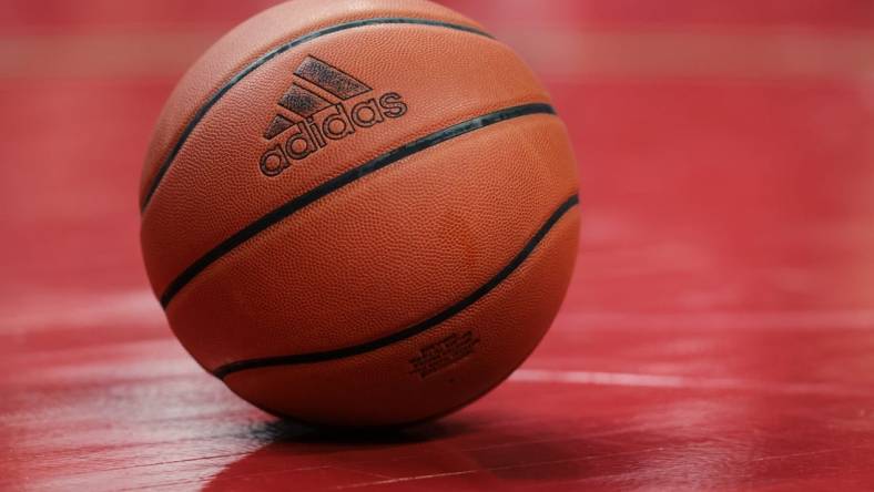 Mar 5, 2023; Piscataway, New Jersey, USA; A view of an adidas game ball on the floor during the second half between the Rutgers Scarlet Knights and the Northwestern Wildcats at Jersey Mike's Arena. Mandatory Credit: Vincent Carchietta-USA TODAY Sports