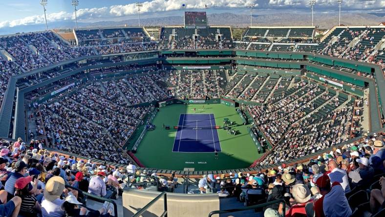 Mar 16, 2023; Indian Wells, CA, USA;   General view of stadium court during the quarterfinal match between Jannik Sinner (ITA) and Taylor Fritz (USA) in the BNP Paribas Open at the Indian Wells Tennis Garden. Mandatory Credit: Jayne Kamin-Oncea-USA TODAY Sports