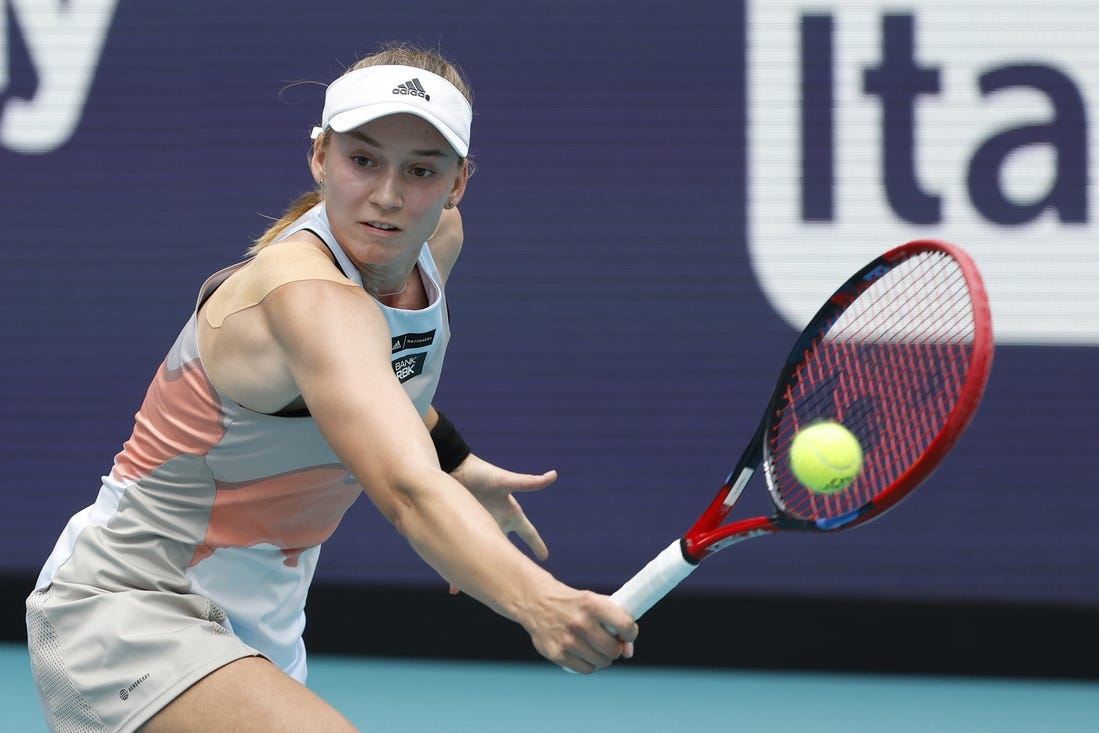 Apr 1, 2023; Miami, Florida, US; Elena Rybakina (KAZ) hits a backhand against Petra Kvitova (CZE) (not pictured) in the women's singles final on day thirteen of the Miami Open at Hard Rock Stadium. Mandatory Credit: Geoff Burke-USA TODAY Sports