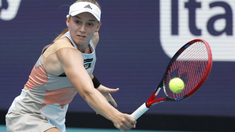 Apr 1, 2023; Miami, Florida, US; Elena Rybakina (KAZ) hits a backhand against Petra Kvitova (CZE) (not pictured) in the women's singles final on day thirteen of the Miami Open at Hard Rock Stadium. Mandatory Credit: Geoff Burke-USA TODAY Sports