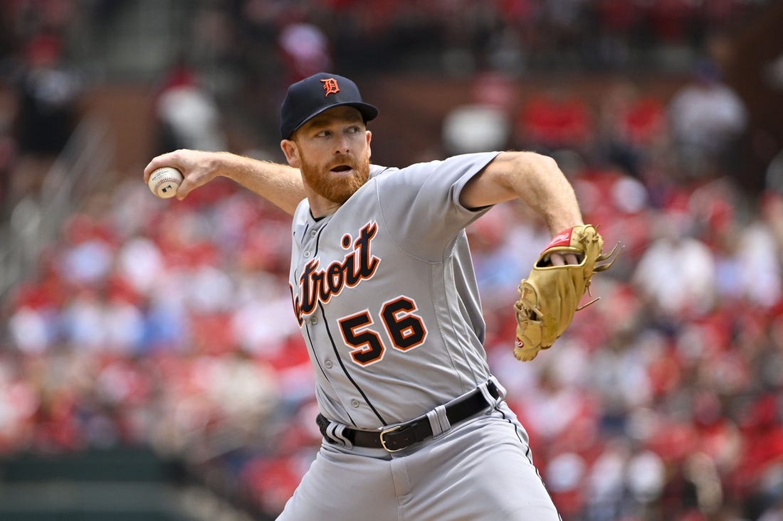 May 6, 2023; St. Louis, Missouri, USA;  Detroit Tigers starting pitcher Spencer Turnbull (56) pitches against the St. Louis Cardinals during the first inning at Busch Stadium. Mandatory Credit: Jeff Curry-USA TODAY Sports