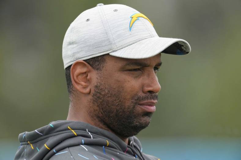 May 12, 2023; Costa Mesa, CA, USA; Los Angeles Chargers director of player personnel JoJo Wooden during rookie minicamp at Hoag Performance Center. Mandatory Credit: Kirby Lee-USA TODAY Sports