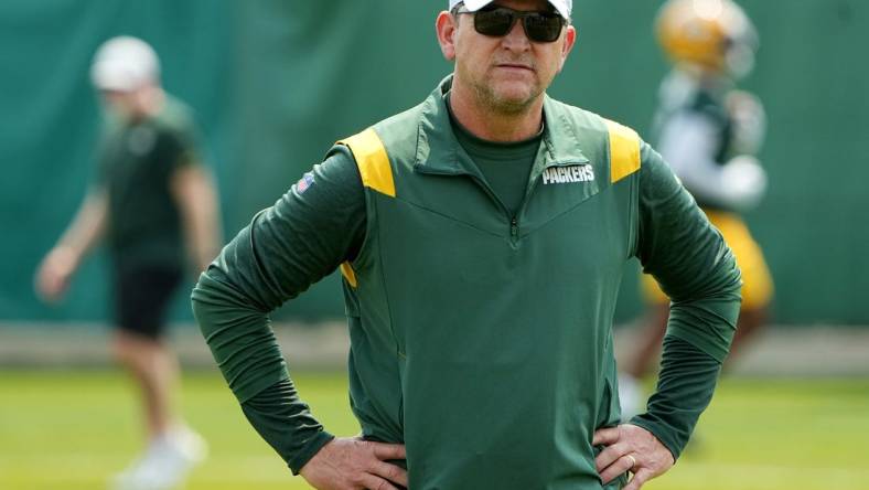 May 23, 2023; Green Bay, WI, USA; Green Bay Packers defensive coordinator Joe Barry is shown during organized team activities at Ray Nitschke Field. Mandatory Credit: Jonathan Jones-USA TODAY Sports