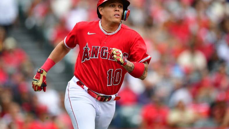 May 28, 2023; Anaheim, California, USA; Los Angeles Angels third baseman Gio Urshela (10) runs after hitting a triple against the Miami Marlins during the second inning at Angel Stadium. Mandatory Credit: Gary A. Vasquez-USA TODAY Sports