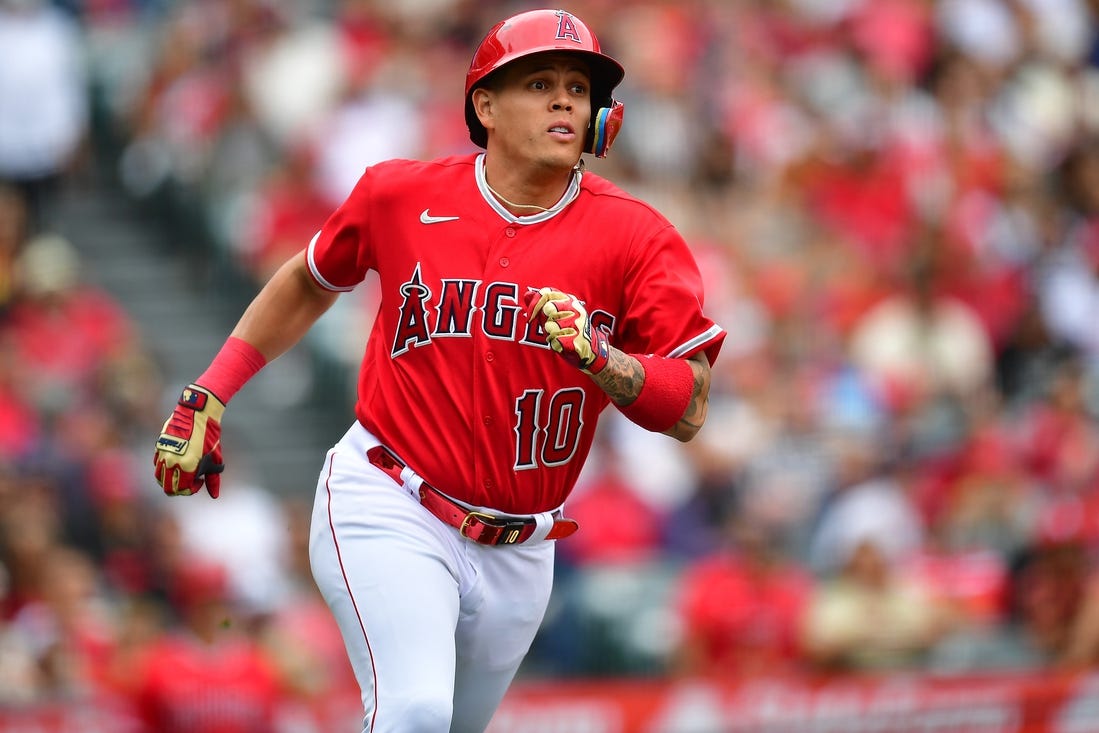 May 28, 2023; Anaheim, California, USA; Los Angeles Angels third baseman Gio Urshela (10) runs after hitting a triple against the Miami Marlins during the second inning at Angel Stadium. Mandatory Credit: Gary A. Vasquez-USA TODAY Sports