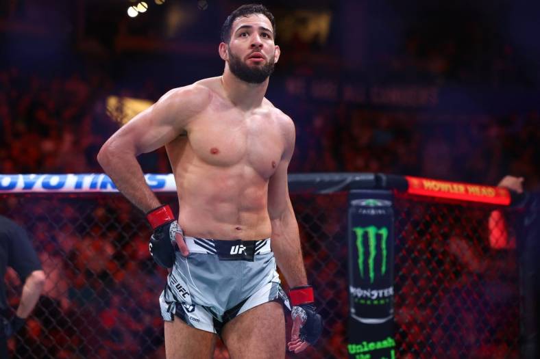 Jun 10, 2023; Vancouver, BC, Canada; Nassourdine Imavov reacts after the match against Chris Curtis is declared no contest for unintentional head class during UFC 289 at Rogers Arena. Mandatory Credit: Sergei Belski-USA TODAY Sports
