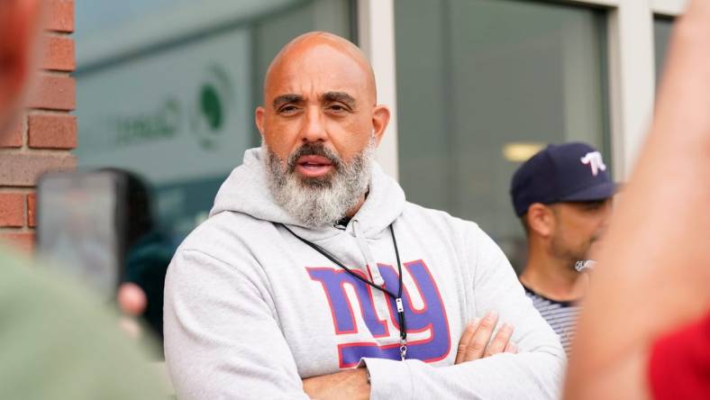 New York Giants offensive line coach Bobby Johnson speaks to reporters on day two of mandatory minicamp at the Giants training center on Wednesday, June 14, 2023, in East Rutherford.