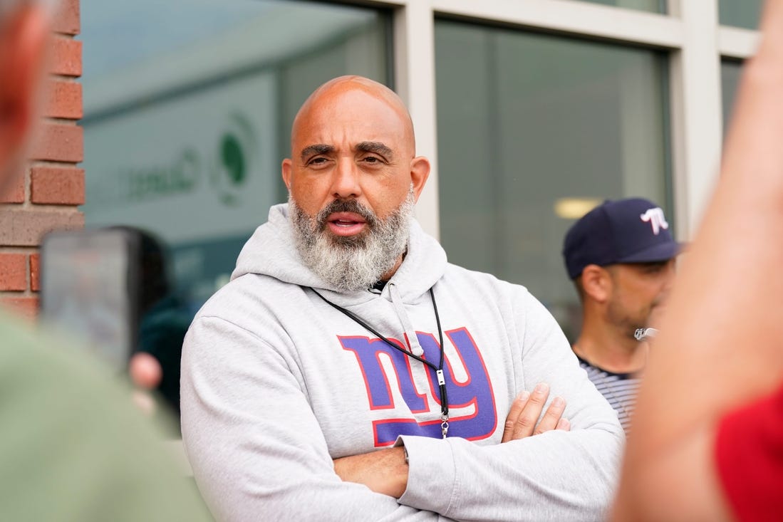 New York Giants offensive line coach Bobby Johnson speaks to reporters on day two of mandatory minicamp at the Giants training center on Wednesday, June 14, 2023, in East Rutherford.