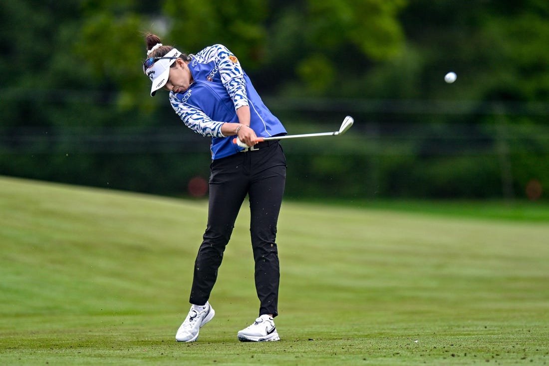 Jun 22, 2023; Springfield, New Jersey, USA; Atthaya Thitikul tees off on the 4th hole during the first round of the KPMG Women's PGA Championship golf tournament. Mandatory Credit: John Jones-USA TODAY Sports