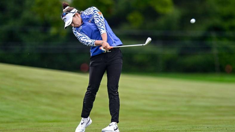 Jun 22, 2023; Springfield, New Jersey, USA; Atthaya Thitikul tees off on the 4th hole during the first round of the KPMG Women's PGA Championship golf tournament. Mandatory Credit: John Jones-USA TODAY Sports