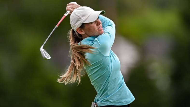 Jun 24, 2023; Springfield, New Jersey, USA; Sarah Schmelzel tees off on the 4th hole during the third round of the KPMG Women's PGA Championship golf tournament. Mandatory Credit: John Jones-USA TODAY Sports