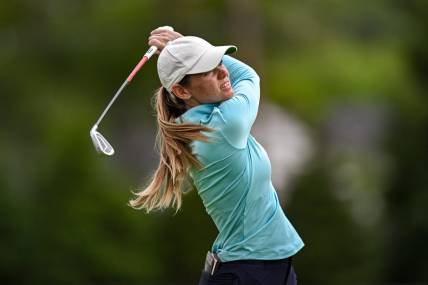 Jun 24, 2023; Springfield, New Jersey, USA; Sarah Schmelzel tees off on the 4th hole during the third round of the KPMG Women's PGA Championship golf tournament. Mandatory Credit: John Jones-USA TODAY Sports