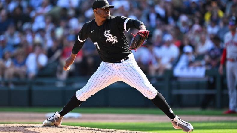 Jun 24, 2023; Chicago, Illinois, USA;  Chicago White Sox pitcher Gregory Santos (60) pitches against the Boston Red Sox at Guaranteed Rate Field. Mandatory Credit: Jamie Sabau-USA TODAY Sports