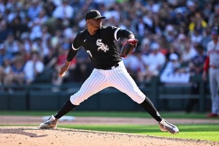 Jun 24, 2023; Chicago, Illinois, USA;  Chicago White Sox pitcher Gregory Santos (60) pitches against the Boston Red Sox at Guaranteed Rate Field. Mandatory Credit: Jamie Sabau-USA TODAY Sports