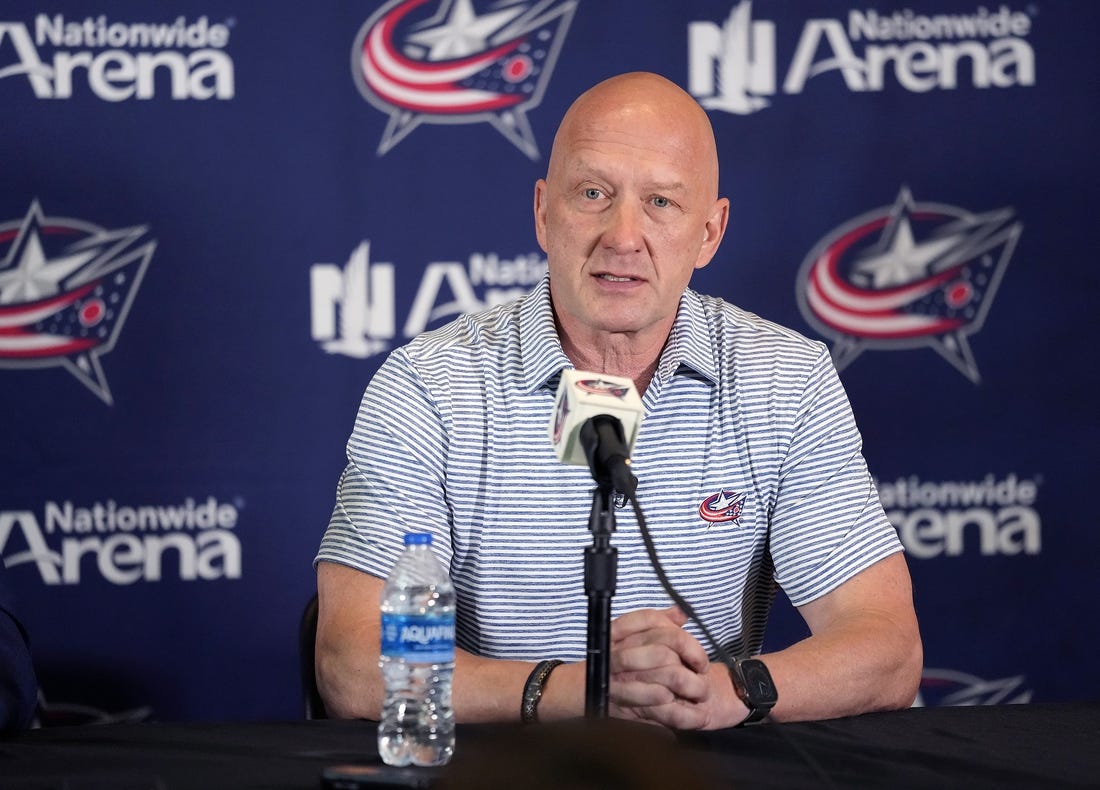 Jul 1, 2023; Columbus, OH, USA; Columbus Blue Jackets General Manager Jarmo Kekalainen speaks after hiring Mike Babcock as the new head coach during a press conference at Nationwide Arena. Mandatory Credit: Kyle Robertson-USA TODAY NETWORK