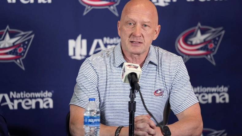 Jul 1, 2023; Columbus, OH, USA; Columbus Blue Jackets General Manager Jarmo Kekalainen speaks after hiring Mike Babcock as the new head coach during a press conference at Nationwide Arena. Mandatory Credit: Kyle Robertson-USA TODAY NETWORK