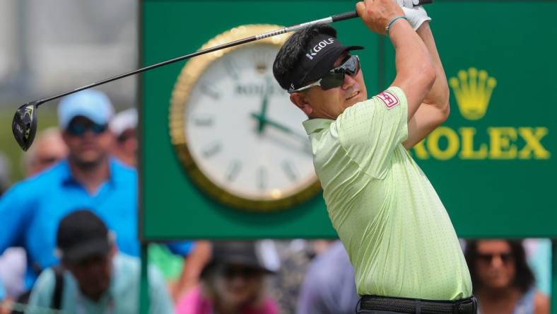 Y.E. Yang holds his follow-through after hitting his tee shot during the third round of the 2023 U.S. Senior Open on Saturday, July 1, 2023, at SentryWorld in Stevens Point, Wis. Yang shot a round of 69 to move into a tie for fourth place heading into the final round.
Tork Mason/USA TODAY NETWORK-Wisconsin