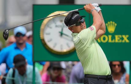 Y.E. Yang holds his follow-through after hitting his tee shot during the third round of the 2023 U.S. Senior Open on Saturday, July 1, 2023, at SentryWorld in Stevens Point, Wis. Yang shot a round of 69 to move into a tie for fourth place heading into the final round.
Tork Mason/USA TODAY NETWORK-Wisconsin