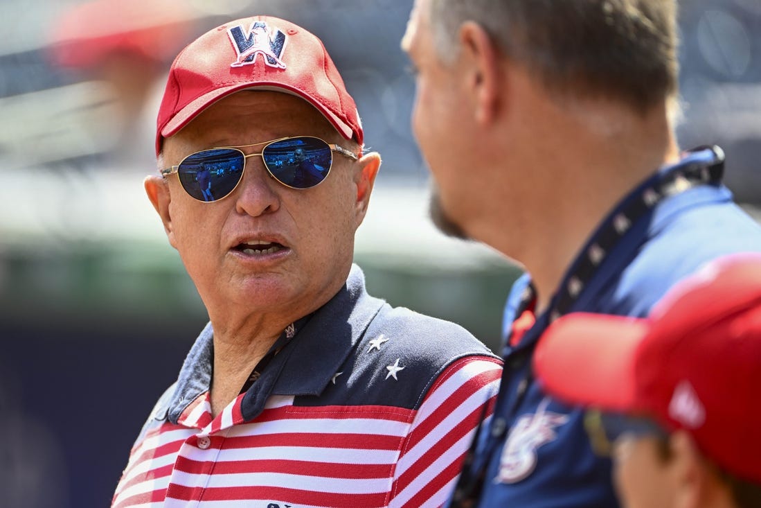 Jul 4, 2023; Washington, District of Columbia, USA; Washington Nationals owner Mark Lerner on the field before the game between the Washington Nationals and the Cincinnati Reds at Nationals Park. Mandatory Credit: Brad Mills-USA TODAY Sports