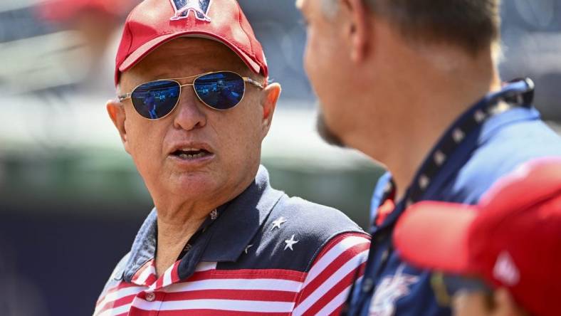 Jul 4, 2023; Washington, District of Columbia, USA; Washington Nationals owner Mark Lerner on the field before the game between the Washington Nationals and the Cincinnati Reds at Nationals Park. Mandatory Credit: Brad Mills-USA TODAY Sports