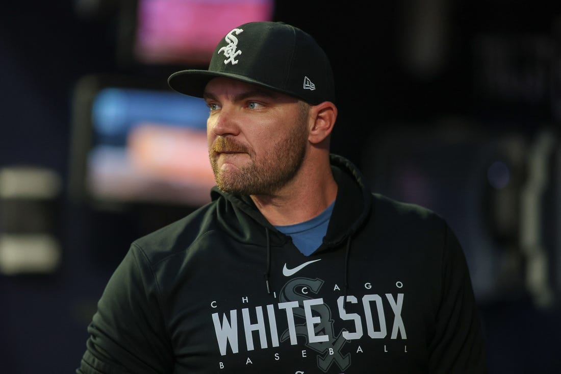 Jul 14, 2023; Atlanta, Georgia, USA; Chicago White Sox relief pitcher Liam Hendriks  (31) in the dugout against the Atlanta Braves in the fifth inning at Truist Park. Mandatory Credit: Brett Davis-USA TODAY Sports