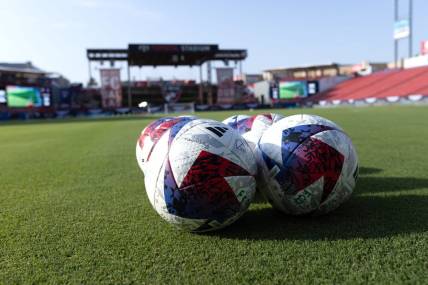 Jul 21, 2023; Frisco, TX, USA; A general view of soccer balls on the field before the match between Charlotte FC and FC Dallas at Toyota Stadium. Mandatory Credit: Tim Heitman-USA TODAY Sports