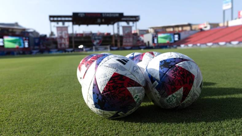 Jul 21, 2023; Frisco, TX, USA; A general view of soccer balls on the field before the match between Charlotte FC and FC Dallas at Toyota Stadium. Mandatory Credit: Tim Heitman-USA TODAY Sports