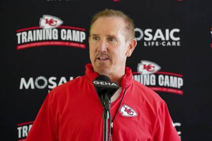 Jul 24, 2023; St. Joseph, MO, USA; Kansas City Chiefs defensive coordinator Steve Spagnuolo answers questions from reporters during training camp at Missouri Western State University. Mandatory Credit: Denny Medley-USA TODAY Sports