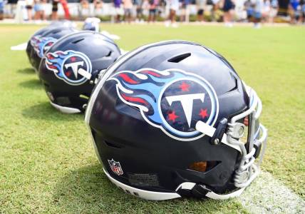 Jul 29, 2023; Nashville, TN, USA; View of helmets on the field as Tennessee Titans players finish training camp practice. Mandatory Credit: Christopher Hanewinckel-USA TODAY Sports