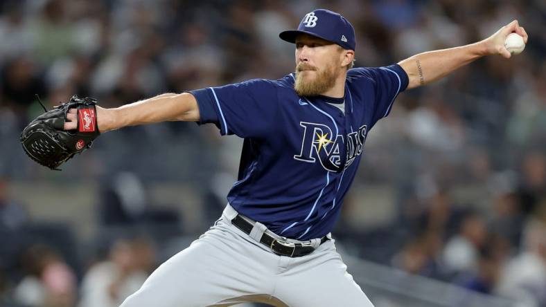 Aug 2, 2023; Bronx, New York, USA; Tampa Bay Rays relief pitcher Jake Diekman (30) pitches against the New York Yankees during the eighth inning at Yankee Stadium. Mandatory Credit: Brad Penner-USA TODAY Sports